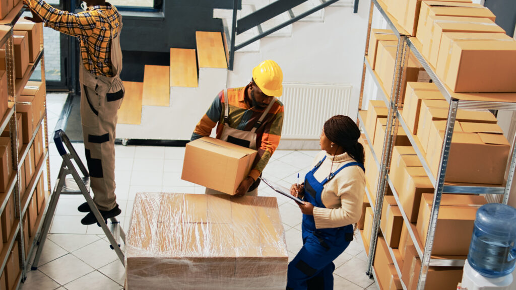 group people working stock logistics depot organizing pallets boxes racks shelves team employees moving cardboard boxes storage room handheld shot