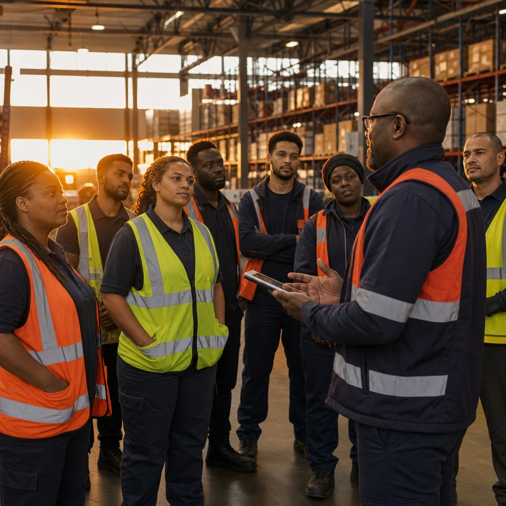 A group of about 8 diverse shift workers