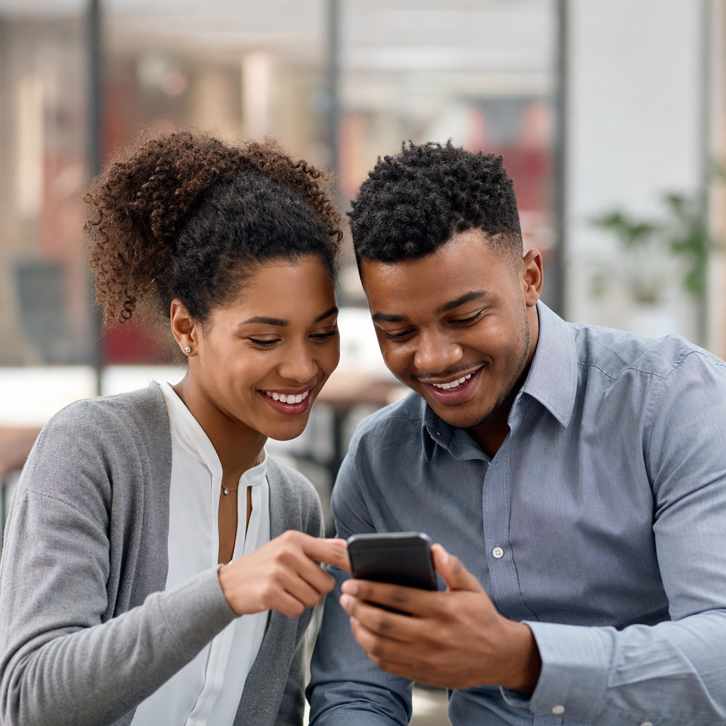 Professional couple looking at mobile