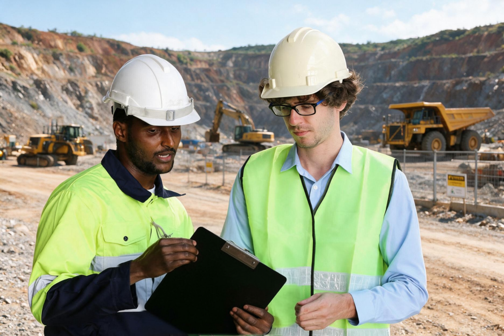 Mining supervisor and contractor team leader confirm workforce deployment at a mine operations area.
