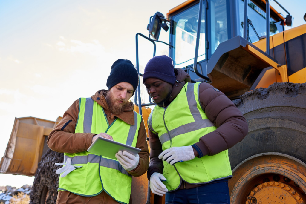 Mining contractor supervisor reviewing workforce roster information with a shift team on site.
