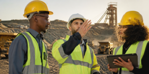 Mine manager and supervisors review shift deployment information with contractor teams at a mining operation.