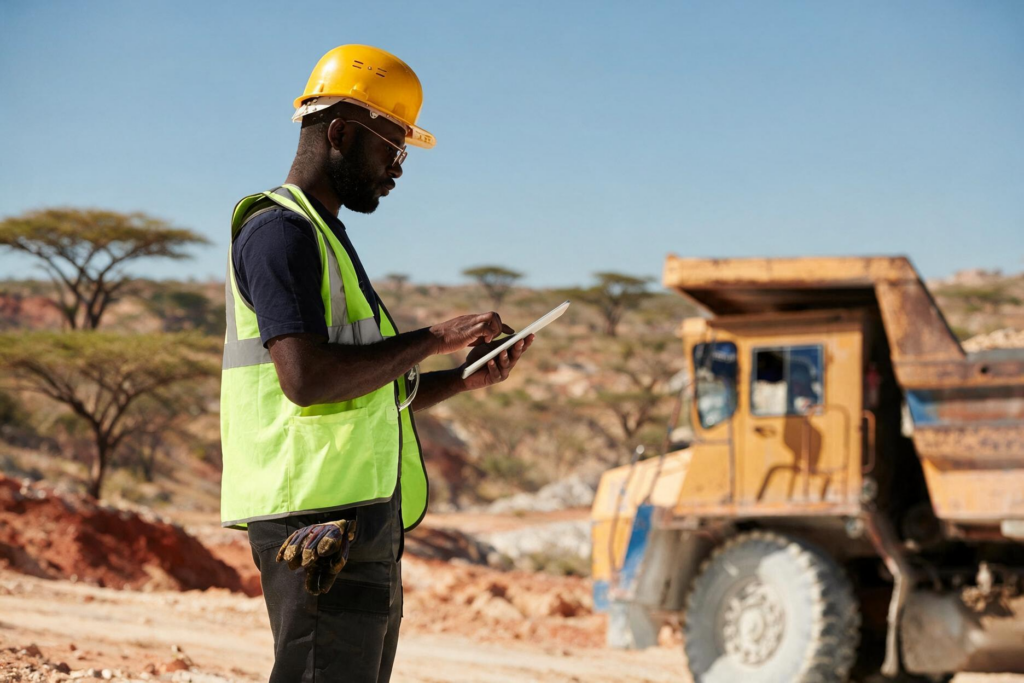 Mining employee reviewing updated shift information on a mobile phone.
