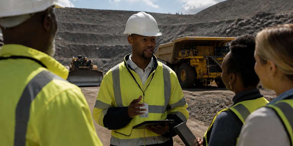 Mine supervisor checking crew allocation before the start of a shift.