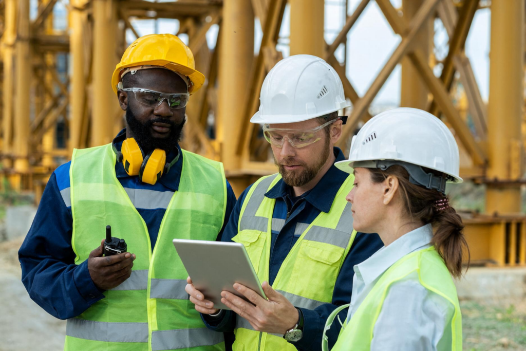 Mine supervisor reviewing shift allocation with workers before a planned shift.
