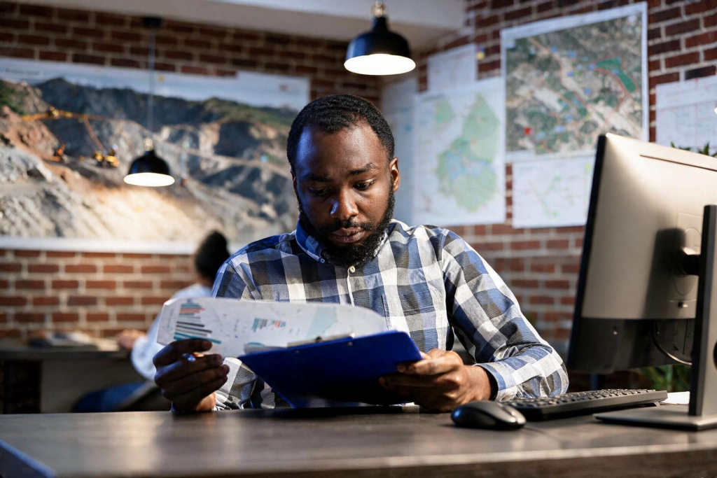 Payroll manager reviewing workforce records for multiple mining operations.
