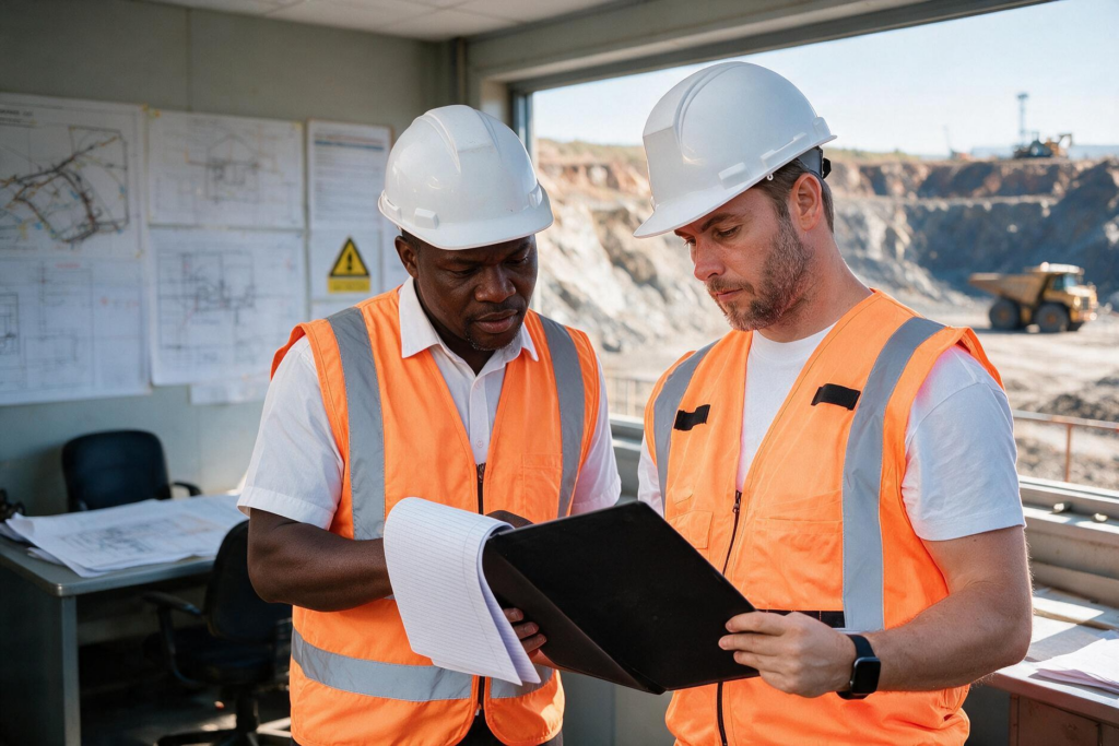 Mining operations and HSE staff reviewing workforce roster information in a site office.